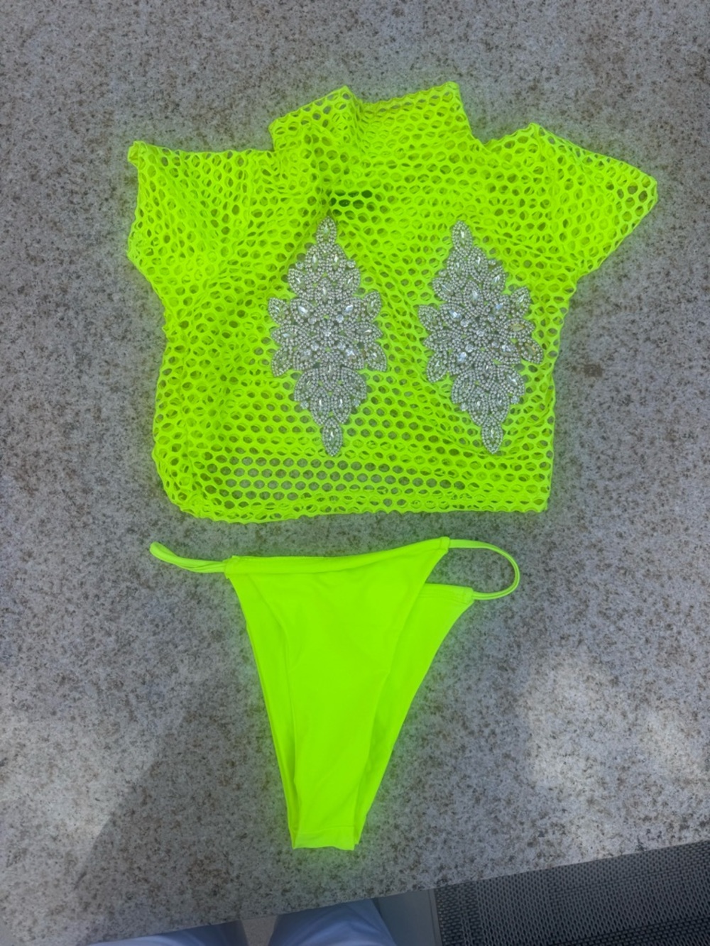 Custom Made - Neon Yellow Fishnet Bikini Set with Embellished Appliqués
